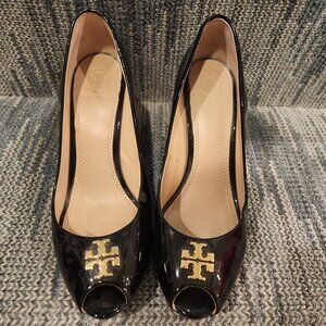 Tory Burch Black Patent Leather Peep Toe Heels